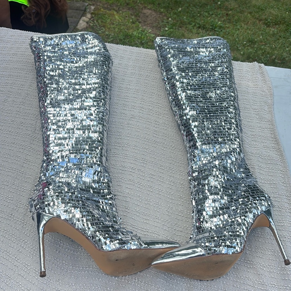 Where them fans at???? Tall silver sequin stiletto boots
